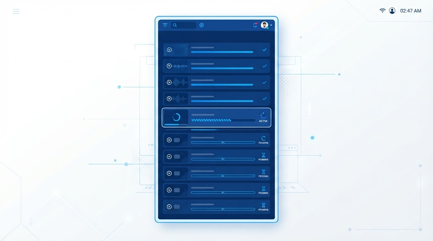A creator's dashboard showing a queue of a dozen faceless videos rendering automatically overnight from a batch of uploaded scripts