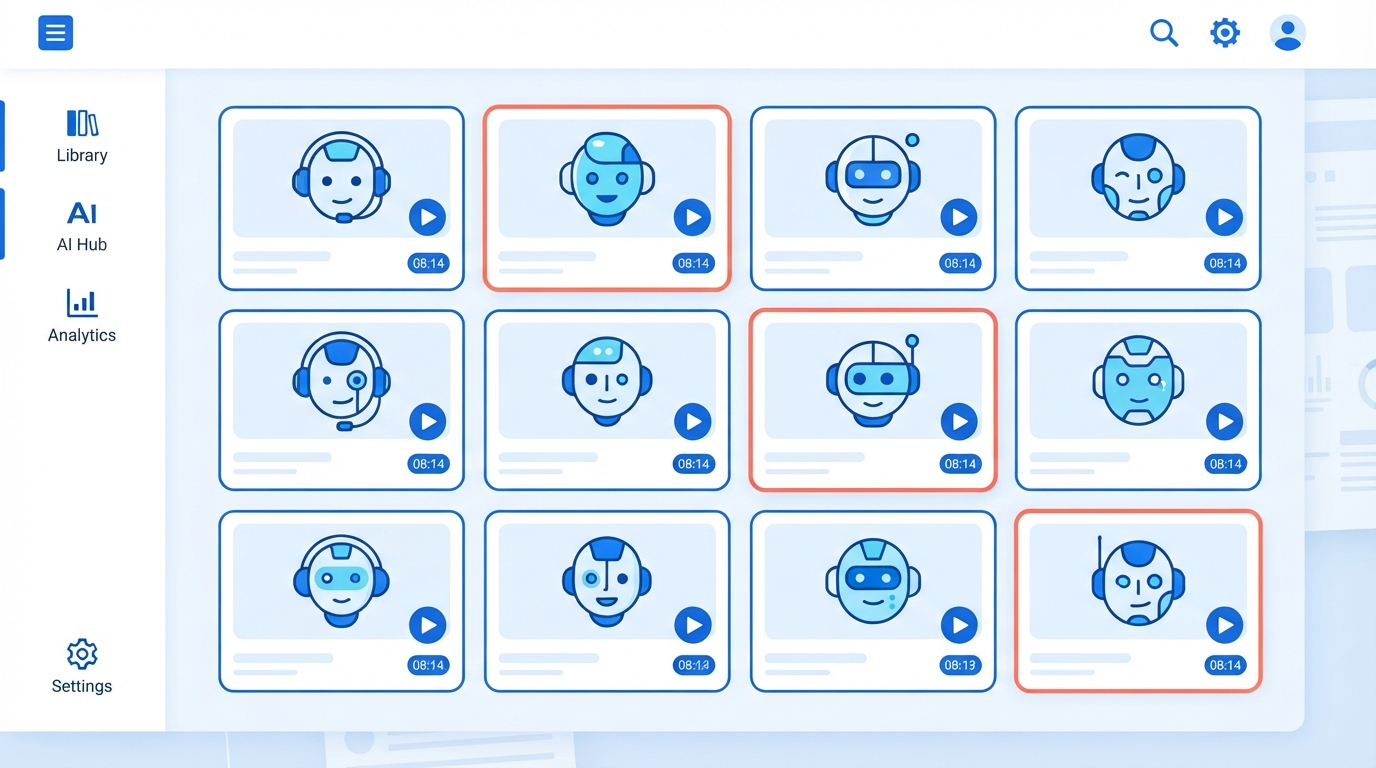 A grid of a dozen video thumbnails featuring the same AI-generated presenter, with subtle inconsistencies in facial features and lighting circled to highlight drift between uploads