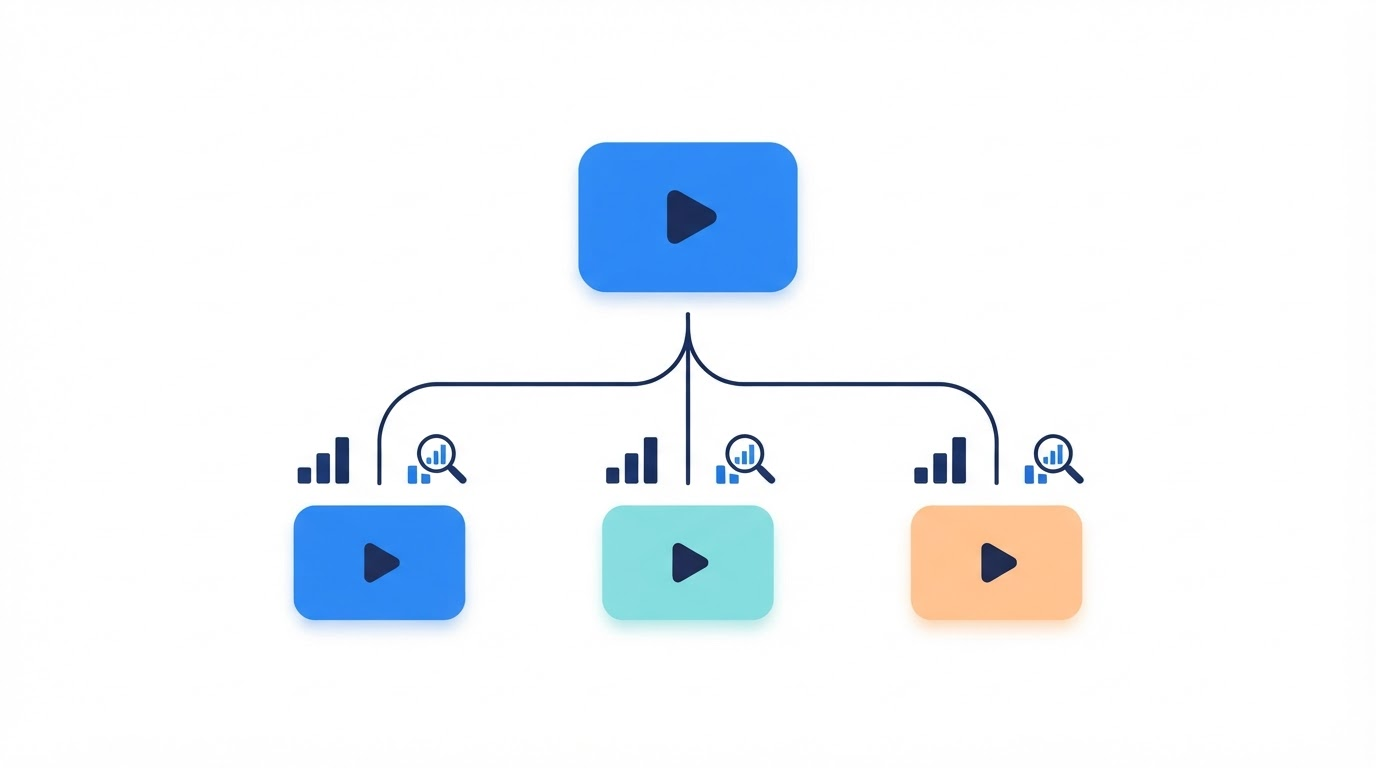 Simple funnel diagram showing one English-language faceless video branching into three dubbed versions labeled Spanish, Portuguese, and Hindi, with a magnifying glass icon over view-count numbers for each branch