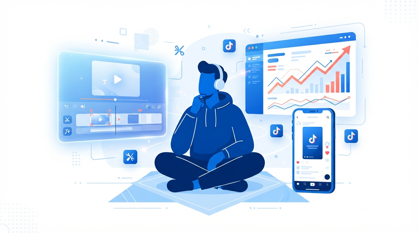 Content creator surrounded by softly glowing UI panels showing a video timeline, analytics dashboard, and phone mockup, blue and white illustration style