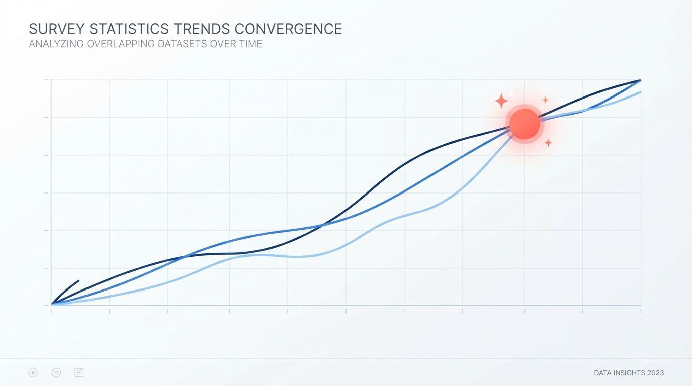 A line chart or infographic showing overlapping burnout statistics from three separate 2025-2026 creator surveys — 78%, 62%, and "over half" — visualized as converging data points, clean editorial data-journalism style, blue and white color scheme