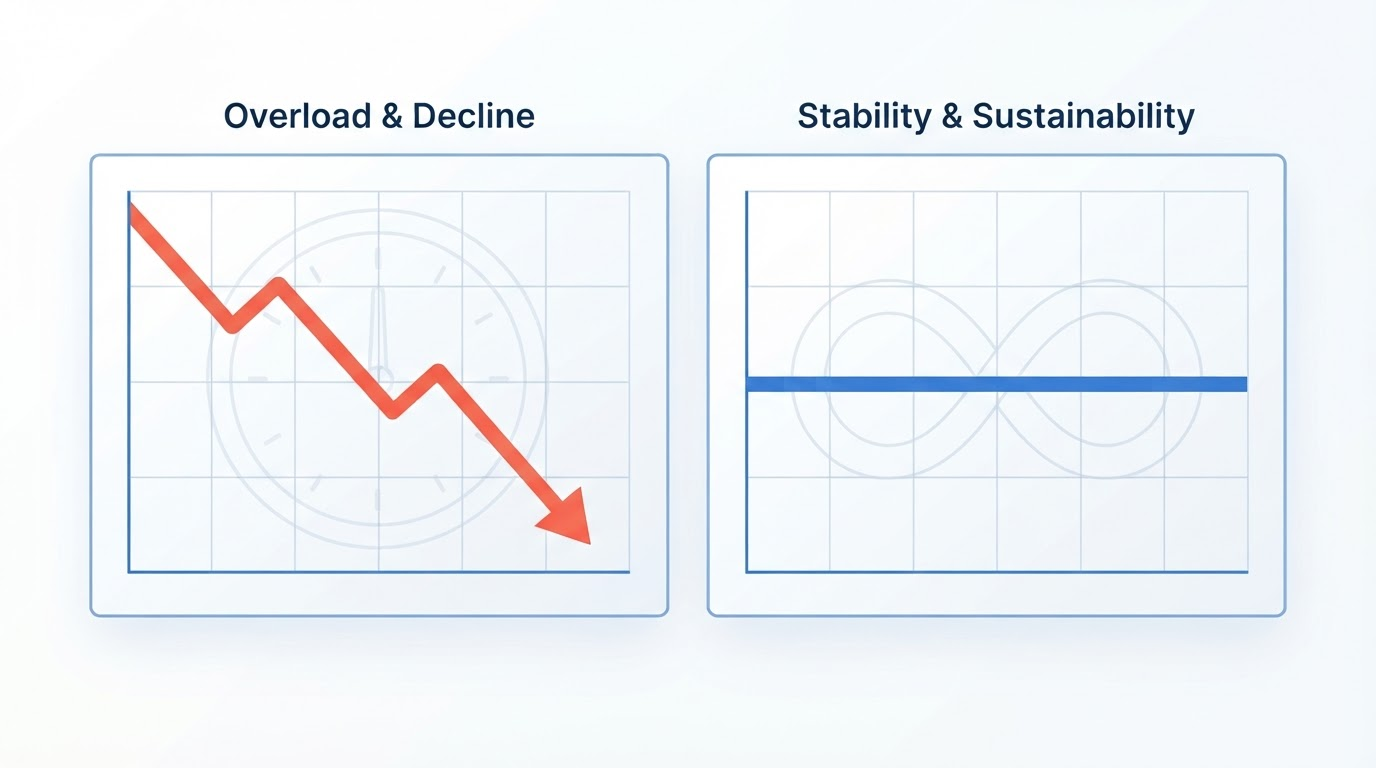 A simple two-column comparison graphic — "60+ hrs/week: burnout by month 9" on one side with a downward trend line, versus "30-35 hrs/week: sustainable output" on the other with a flat, steady line, minimalist chart style