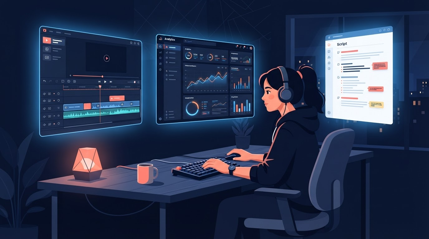 A creator sitting at a desk late at night surrounded by multiple monitors showing editing timelines, analytics dashboards, and a half-written script, visually conveying workload overload rather than a dramatic "collapse" — muted, realistic documentary-style lighting