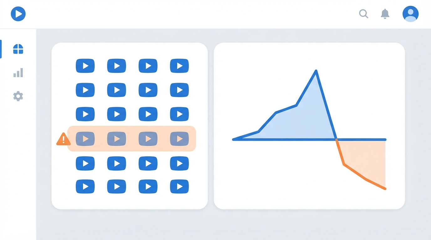 A dashboard-style illustration with a grid of channel icons, one row flagged with a warning icon, beside a line graph rising then dipping below baseline, representing the idea of scaling too many channels versus diminishing returns