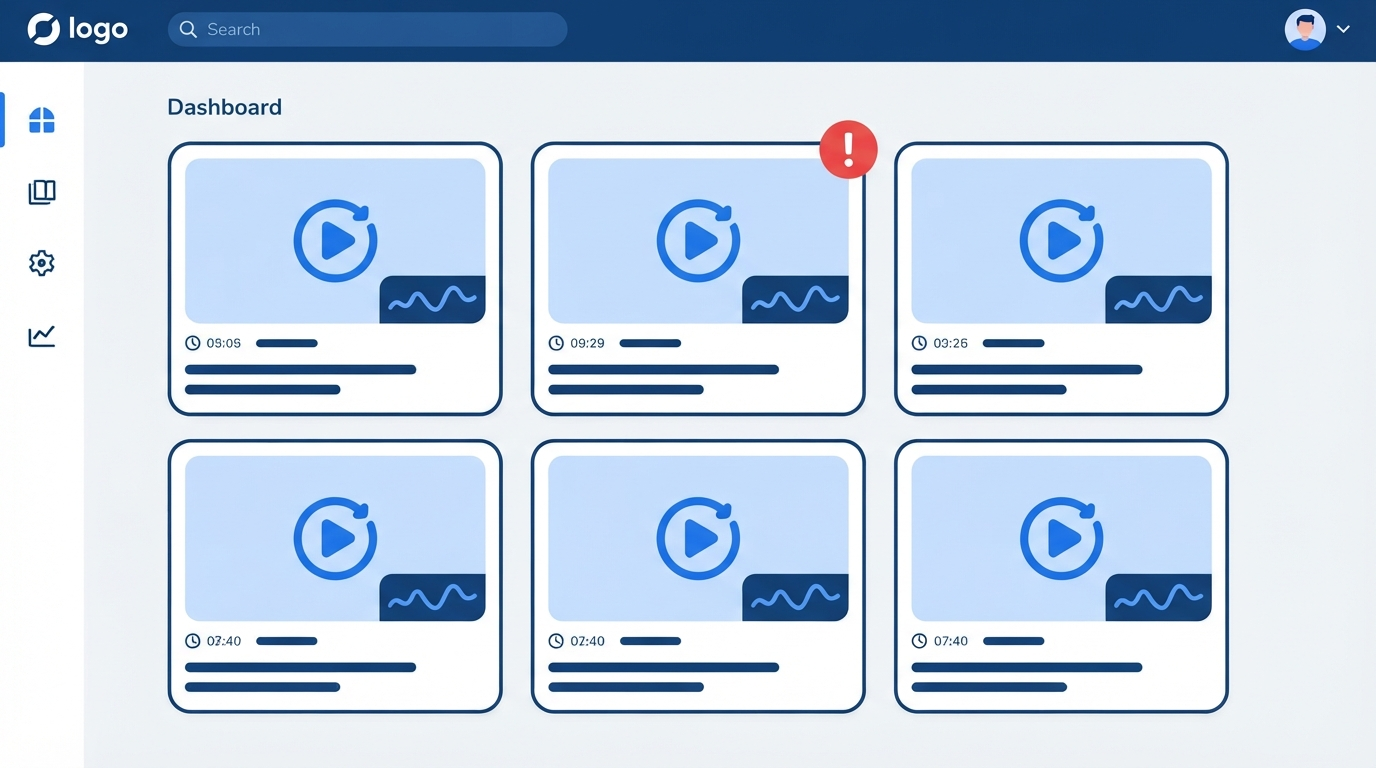A dashboard grid of near-identical video thumbnail cards with a red flagged-for-review badge overlaid, illustrating platform pattern-detection risk