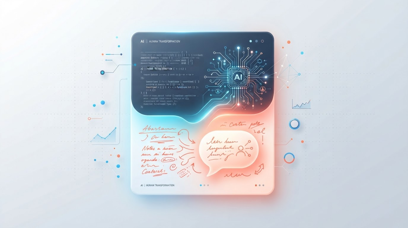 Split composition showing rigid AI-generated script text and circuitry flowing into warm human handwriting and speech, representing turning robotic AI scripts into natural human-sounding scripts
