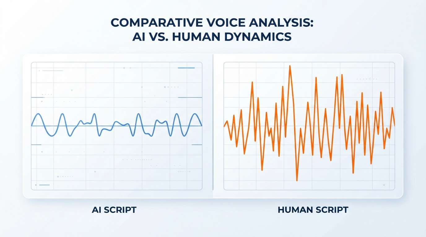 Split-screen comparison graphic showing a flat, uniform sound wave labeled "AI script" next to a jagged, varied sound wave labeled "human script," visualizing sentence rhythm