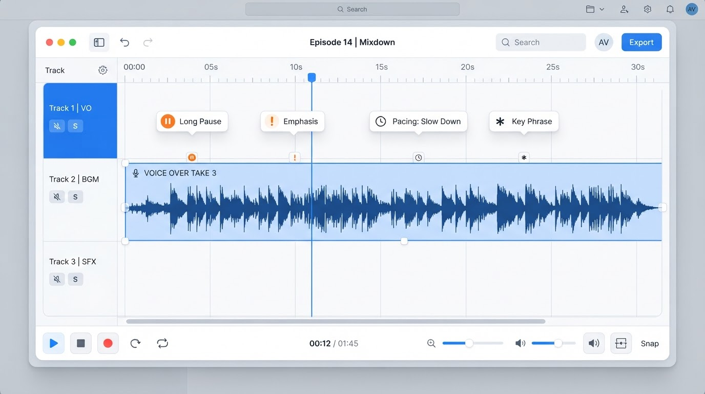 Waveform editor screenshot showing a script with pause markers, emphasis tags, and pacing notes annotated directly on the text