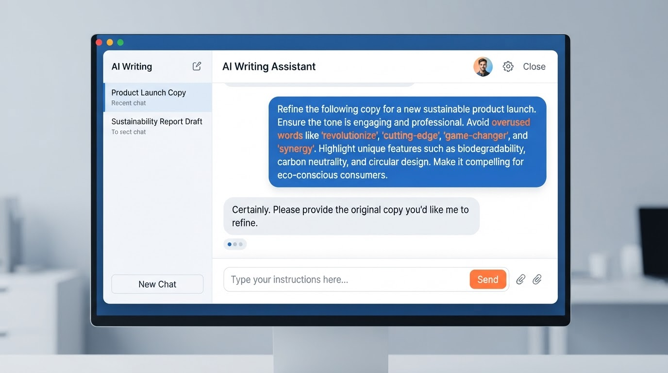 Screenshot-style mockup of a chat interface showing a prompt with explicit instructions like "don't use delve, furthermore, or rule-of-three lists" highlighted