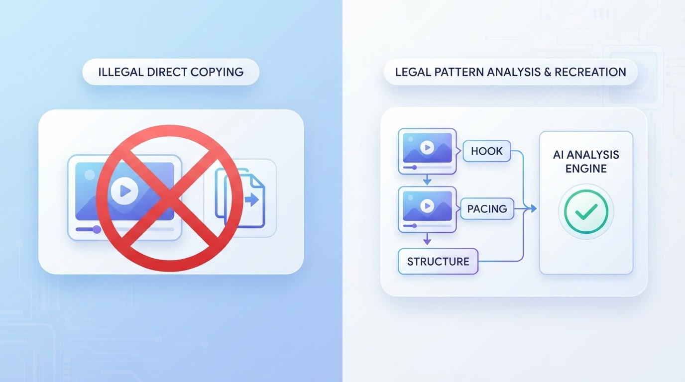 Split illustration showing a video thumbnail with a red prohibition mark over a copy icon on one side, and the same video broken into labeled hook, pacing, and structure blocks feeding into an AI analysis panel with a green checkmark on the other side