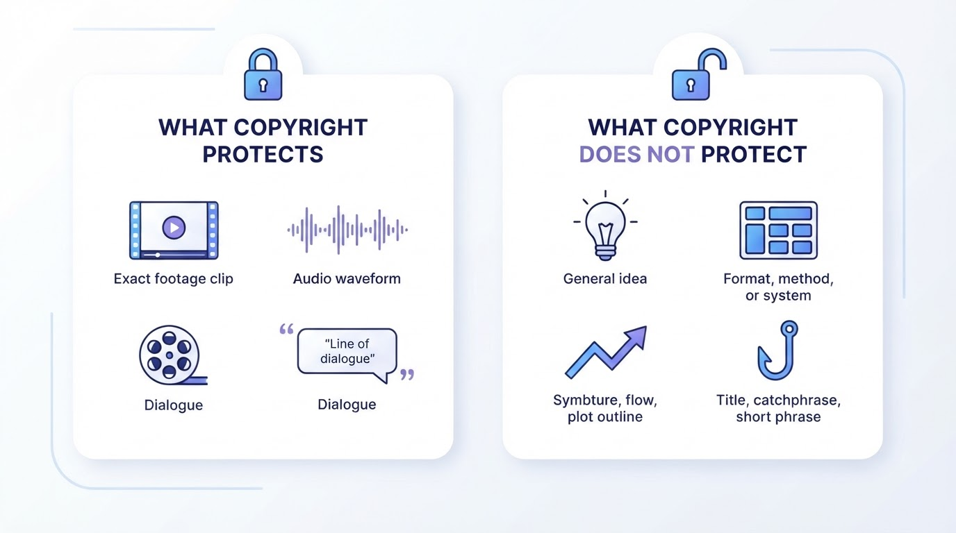 Two-panel infographic comparing what copyright protects — exact footage, audio, and dialogue — against what it does not protect — format, structure, and hook style