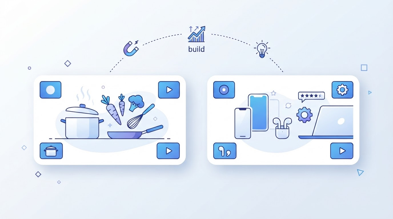 Two side-by-side abstract video frame cards connected by a dotted arc labeled hook, build, and payoff, showing a cooking scene and a tech review scene sharing the same underlying structure but completely different content