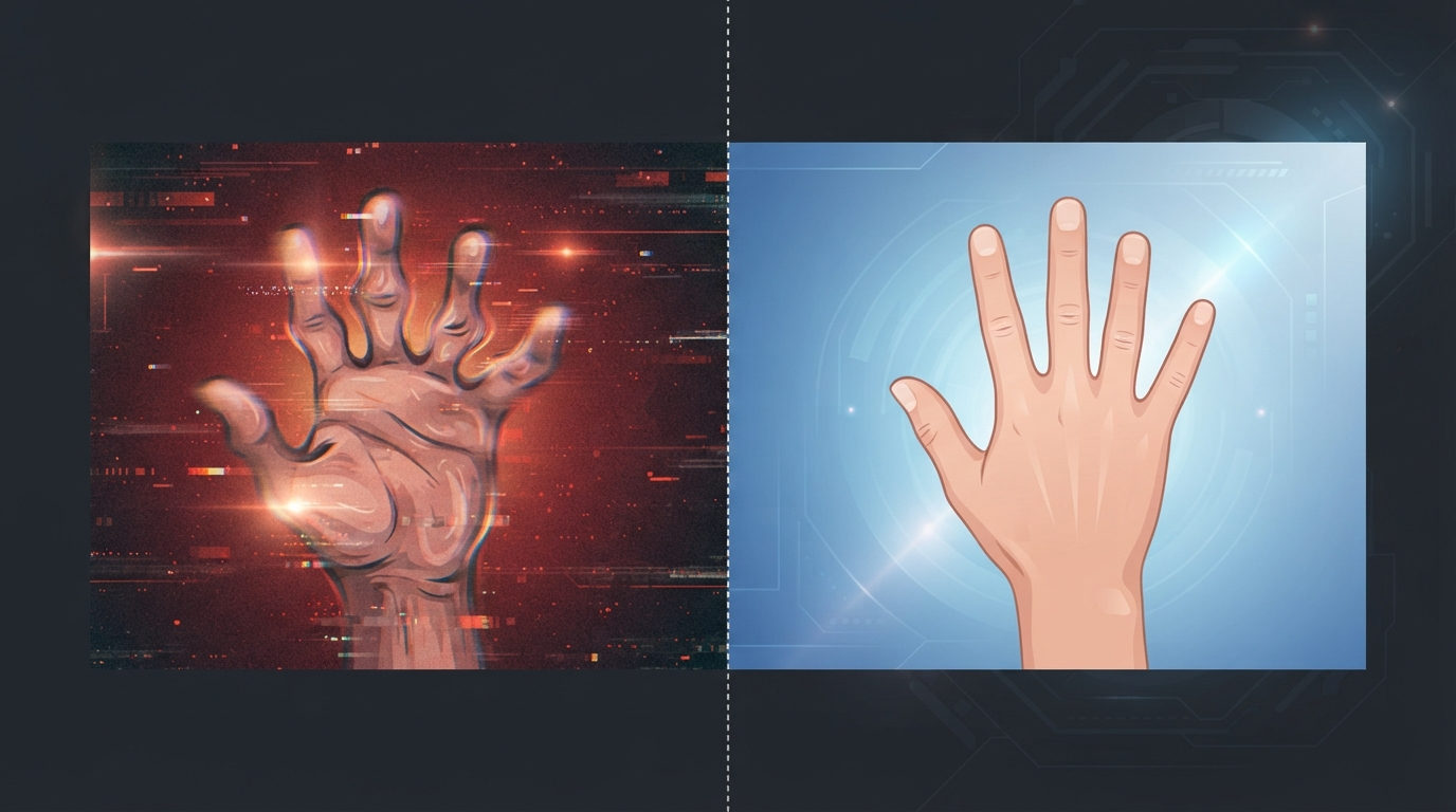 Split illustration comparing a glitchy AI-generated video frame with a warped hand and shimmering background against a clean, stable AI-generated frame with a natural hand and even lighting