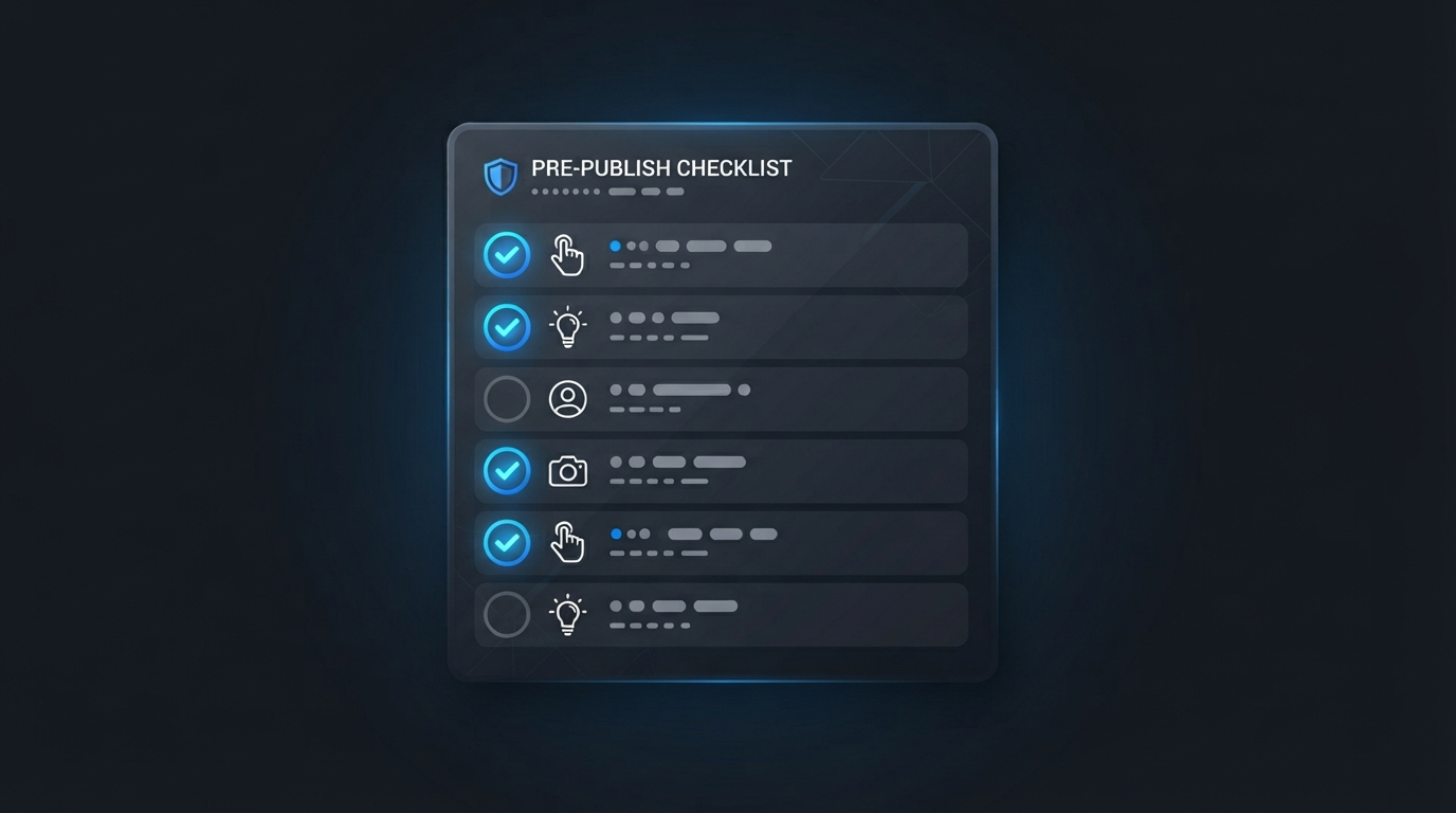 Pre-publish checklist card showing checked and unchecked items next to icons for a hand, a lightbulb, a face, and a camera