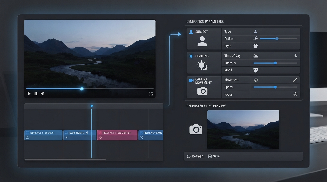 Screenshot-style mockup of a video analysis interface showing a reference video timeline feeding structured subject, lighting, and camera movement settings into a new generated video preview