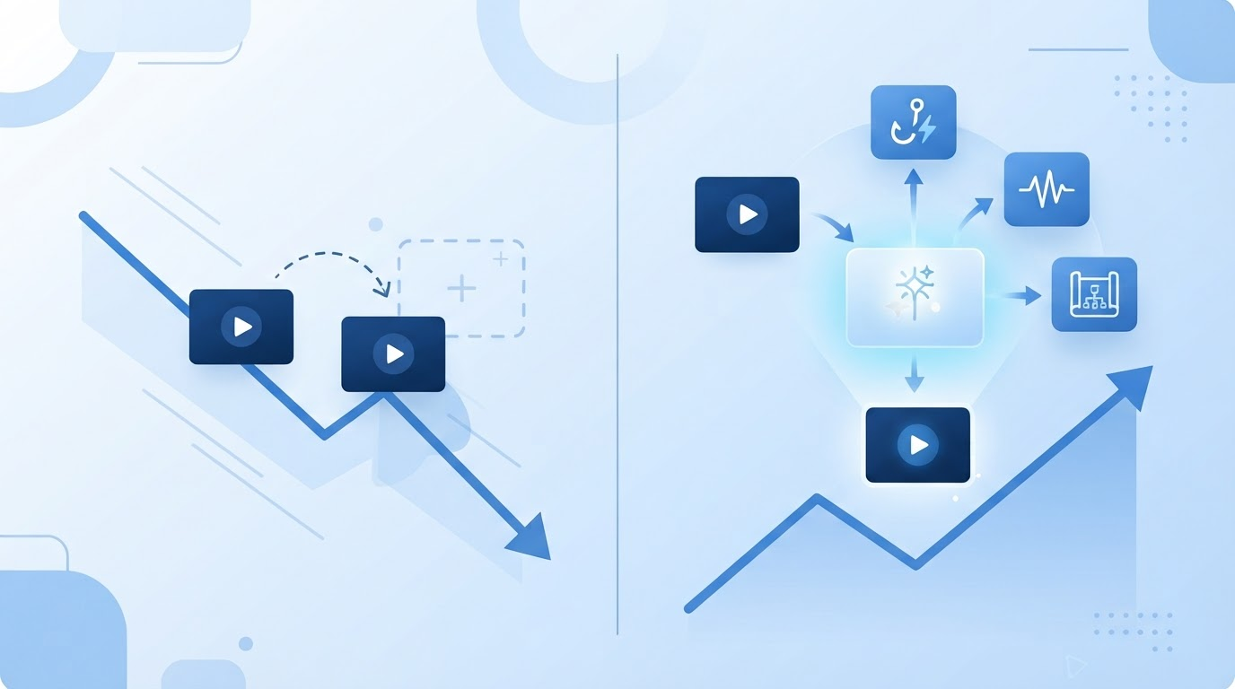 Split illustration showing a video thumbnail being copied into a flat, underperforming version on one side, and the same video broken into hook, pacing and structure panels feeding an AI analysis engine into a rising performance graph on the other side