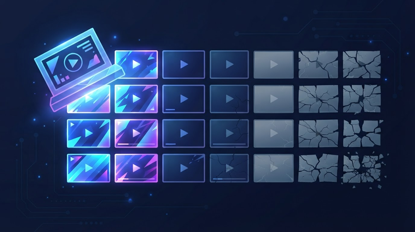 Illustration of a glowing template stamping out a row of video thumbnails that start vibrant and sharp on the left and gradually fade, crack and grey out moving right, symbolizing a viral video format wearing out from overuse