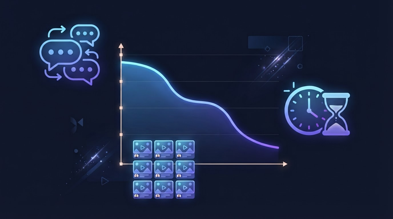 Diagram of a downward-sloping watch-through graph surrounded by warning icons: a repeated comment pattern, a cluster of near-identical duplicate video thumbnails, and a clock representing a shrinking format shelf life