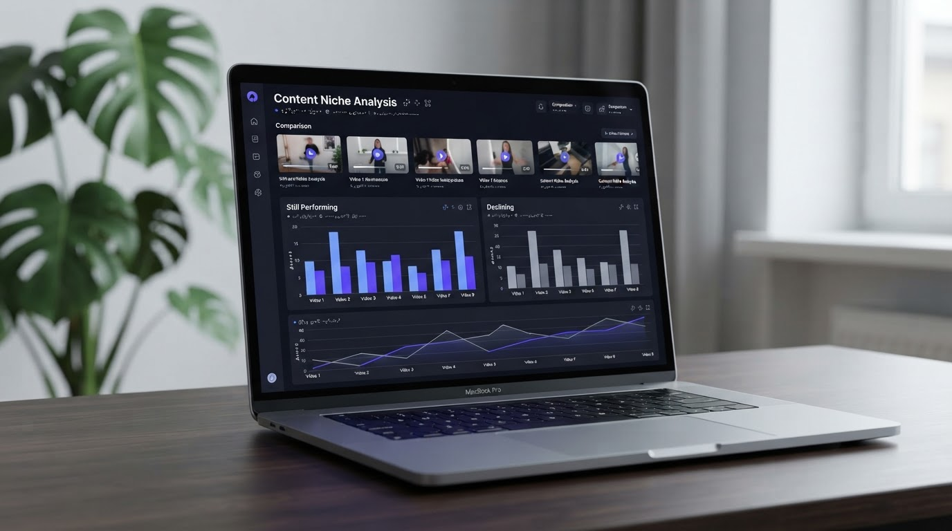 Laptop screen showing an AI pattern-comparison dashboard with several video thumbnails from the same niche connected into a chart highlighting which structural patterns are still performing versus fading