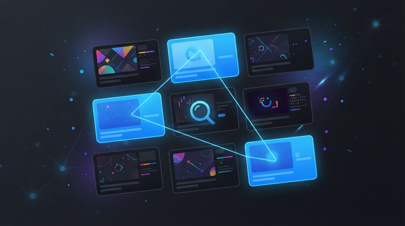 Illustration of nine short-form video thumbnail cards on a dark background, with three connected by glowing blue lines forming a repeating pattern under a magnifying glass, representing finding a real signal inside noise