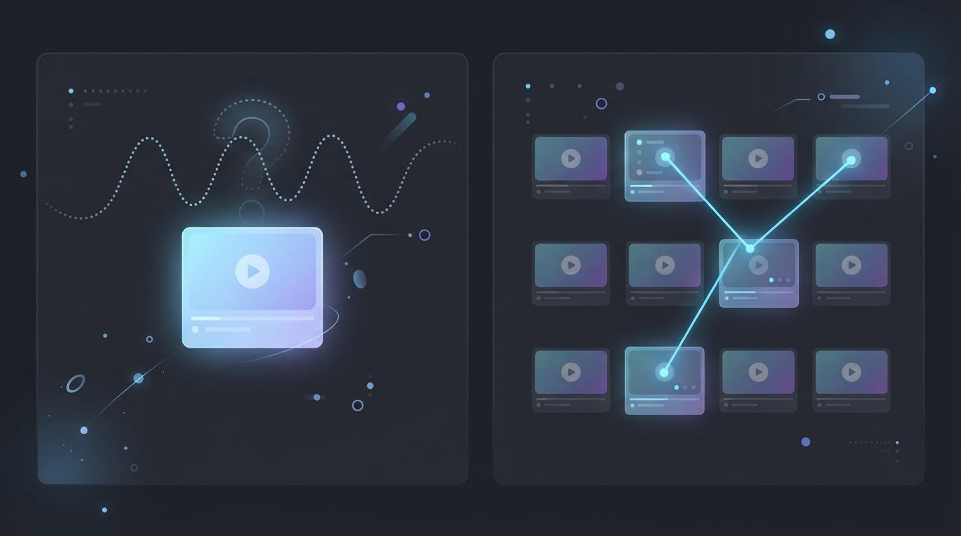 Infographic comparing a single video with an uncertain wavy guess line on the left against ten video thumbnails on the right whose data points connect into one clear glowing trend line, representing a confirmed pattern