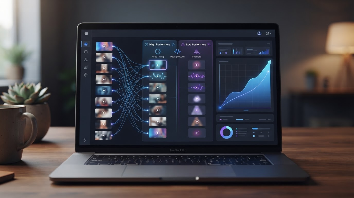 Laptop screen showing a video pattern analysis dashboard with viral video thumbnails connecting through data lines into a comparison panel grouped by performance, alongside a rising blue graph