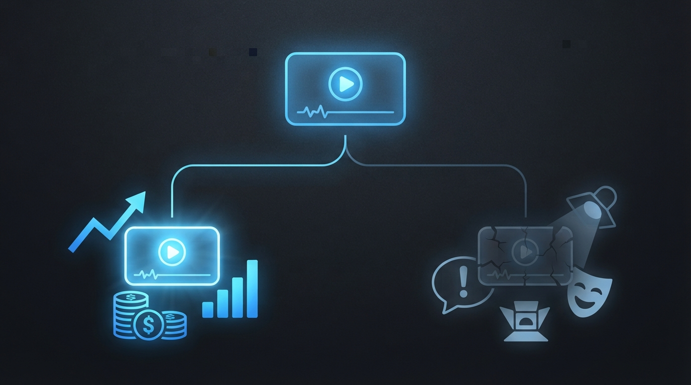Minimalist illustration of a glowing blue video template splitting into two paths, one thriving among finance icons and one fading among comedy icons, representing the same format succeeding in one niche and failing in another