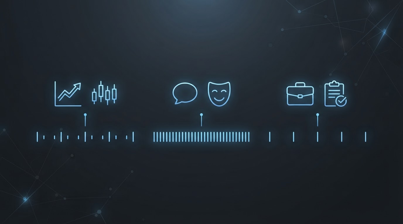 Illustration of three niche icon groups, each with a differently spaced row of glowing pacing tick marks, showing that comedy content cuts faster than B2B or finance content