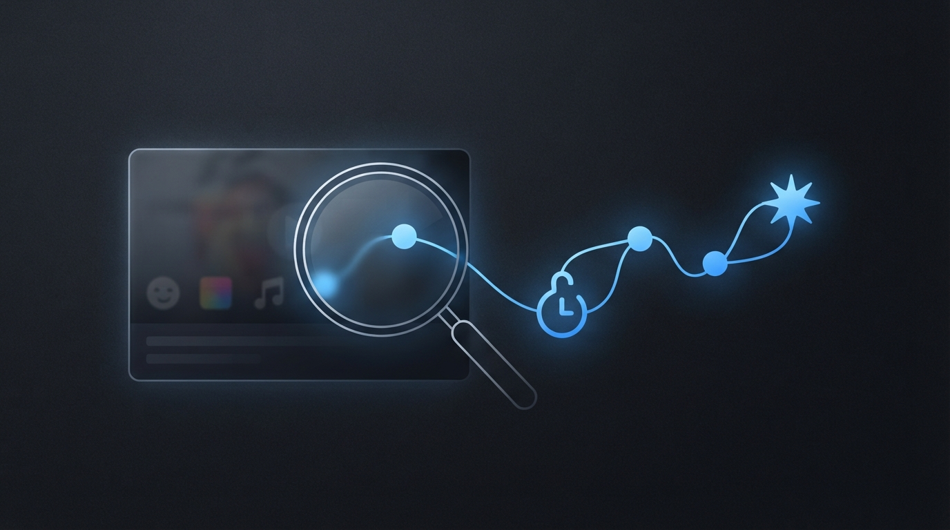 Illustration of a magnifying glass extracting a glowing structural blueprint of hook, pacing, and payoff nodes from a video thumbnail, separate from its surface visuals like color filters and music, representing pulling the transferable mechanic out of niche-specific execution