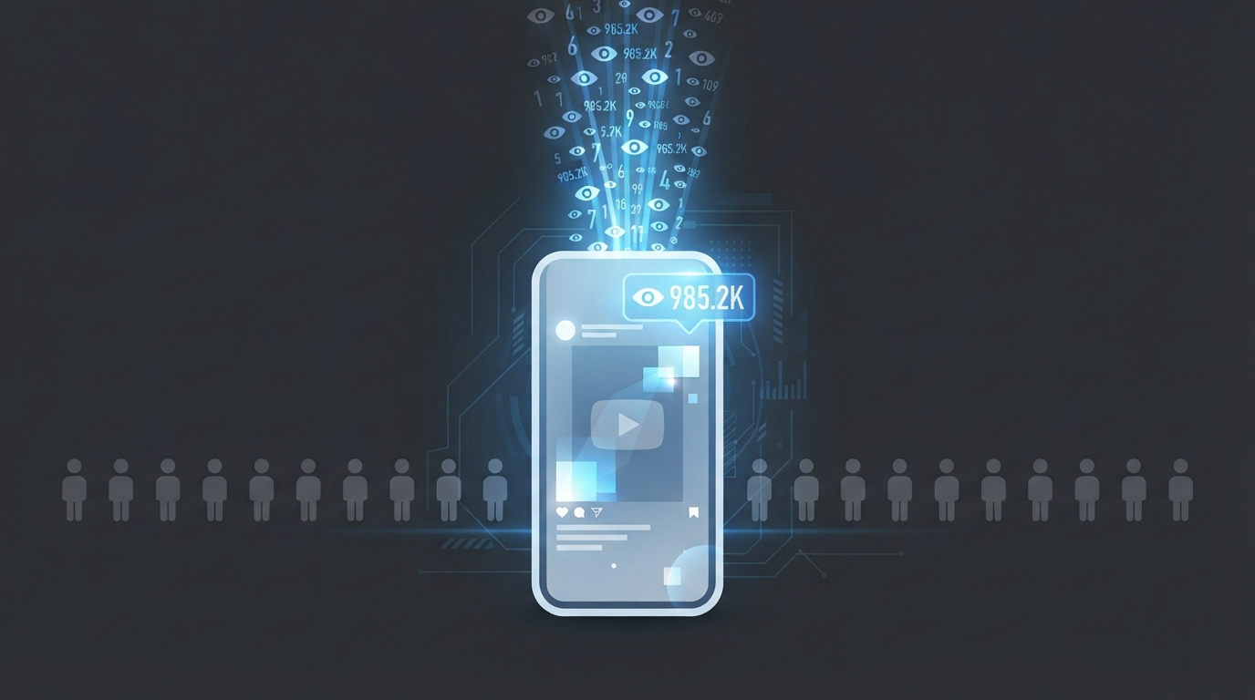 Minimalist blue illustration of a short-form video frame with a rising view counter and eye icons streaming upward, while a row of faint, disconnected human silhouettes stays dim in the background, representing views that spike without followers forming