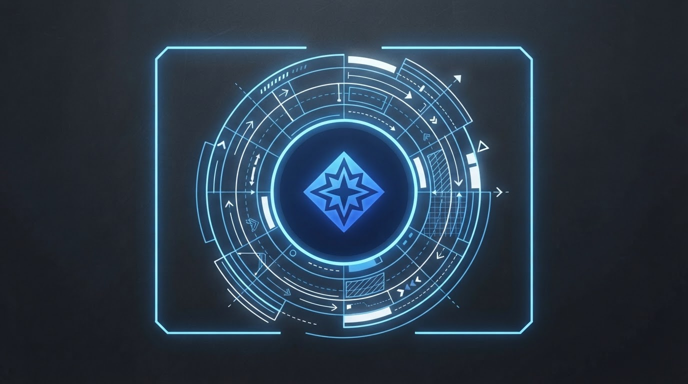 Minimalist blue illustration of a video frame split into two layers: an outer shell of glowing blueprint grid-lines representing structure, and a distinct solid-colored inner core representing original creator identity