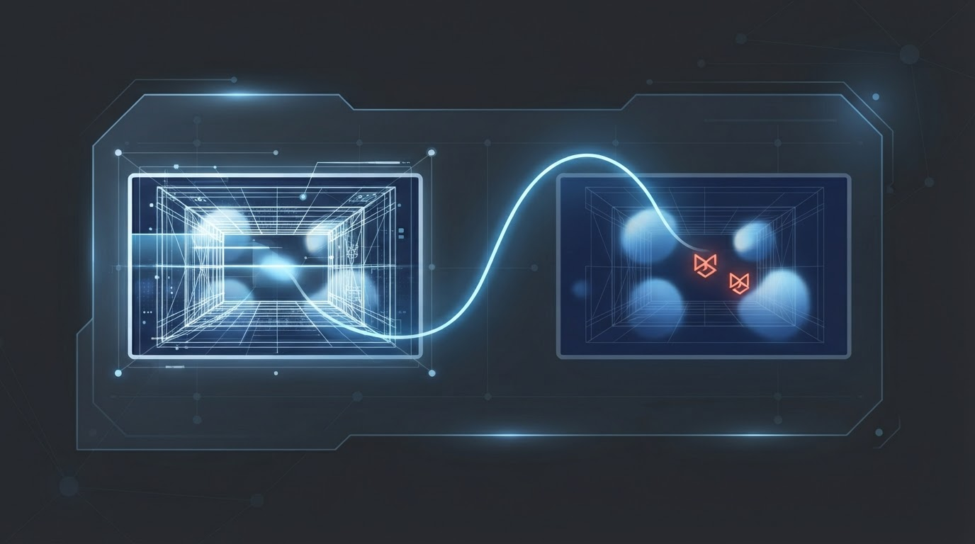 Minimalist blue illustration of a video analysis dashboard with a wireframe blueprint overlay scanning a video thumbnail on the left, connected to a second video thumbnail on the right with one highlighted signature element, representing borrowed structure feeding an original recreation