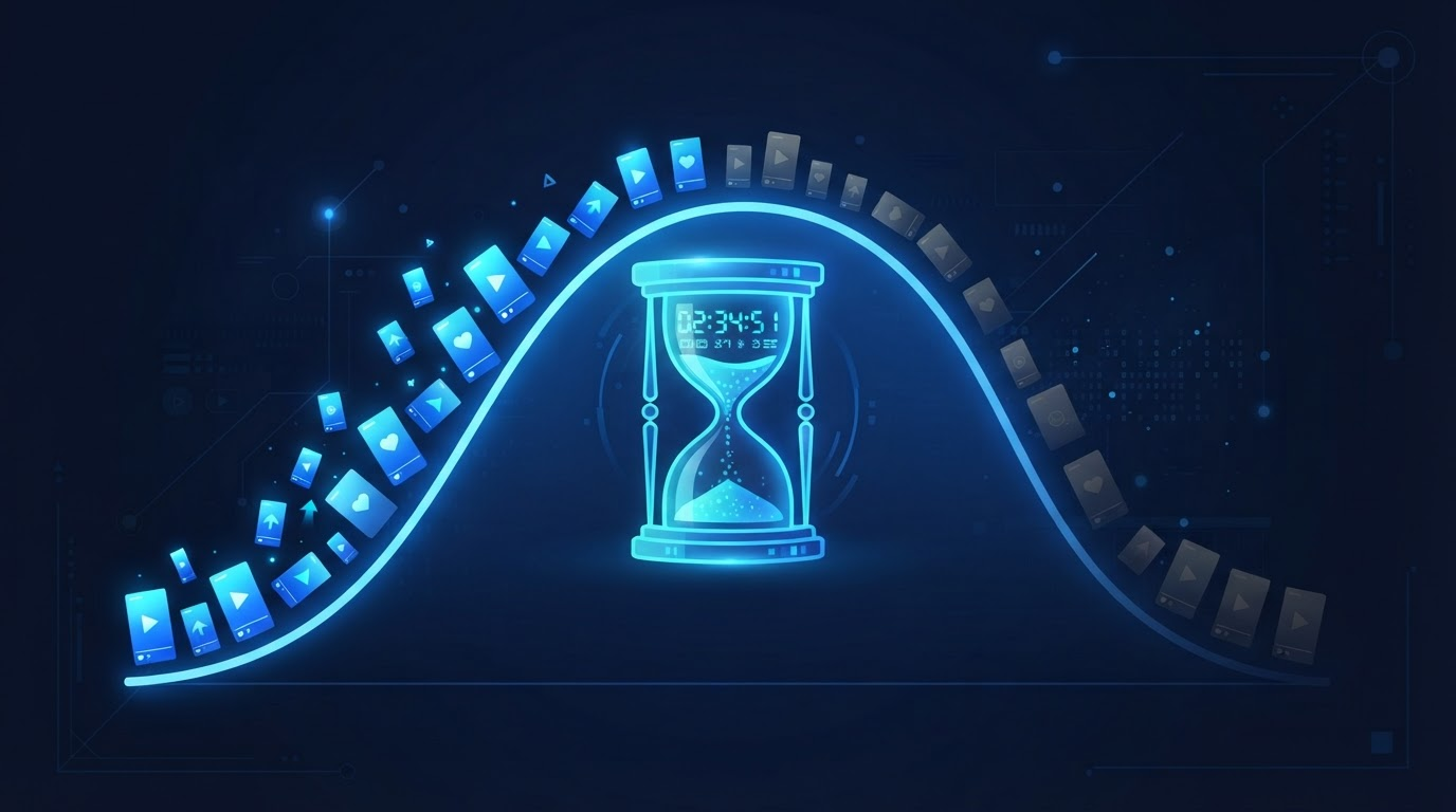 Editorial illustration of a glowing digital countdown timer overlaid on a rising-then-falling engagement curve, with video thumbnails climbing the rising side and fading on the falling side, symbolizing the closing window of a viral trend