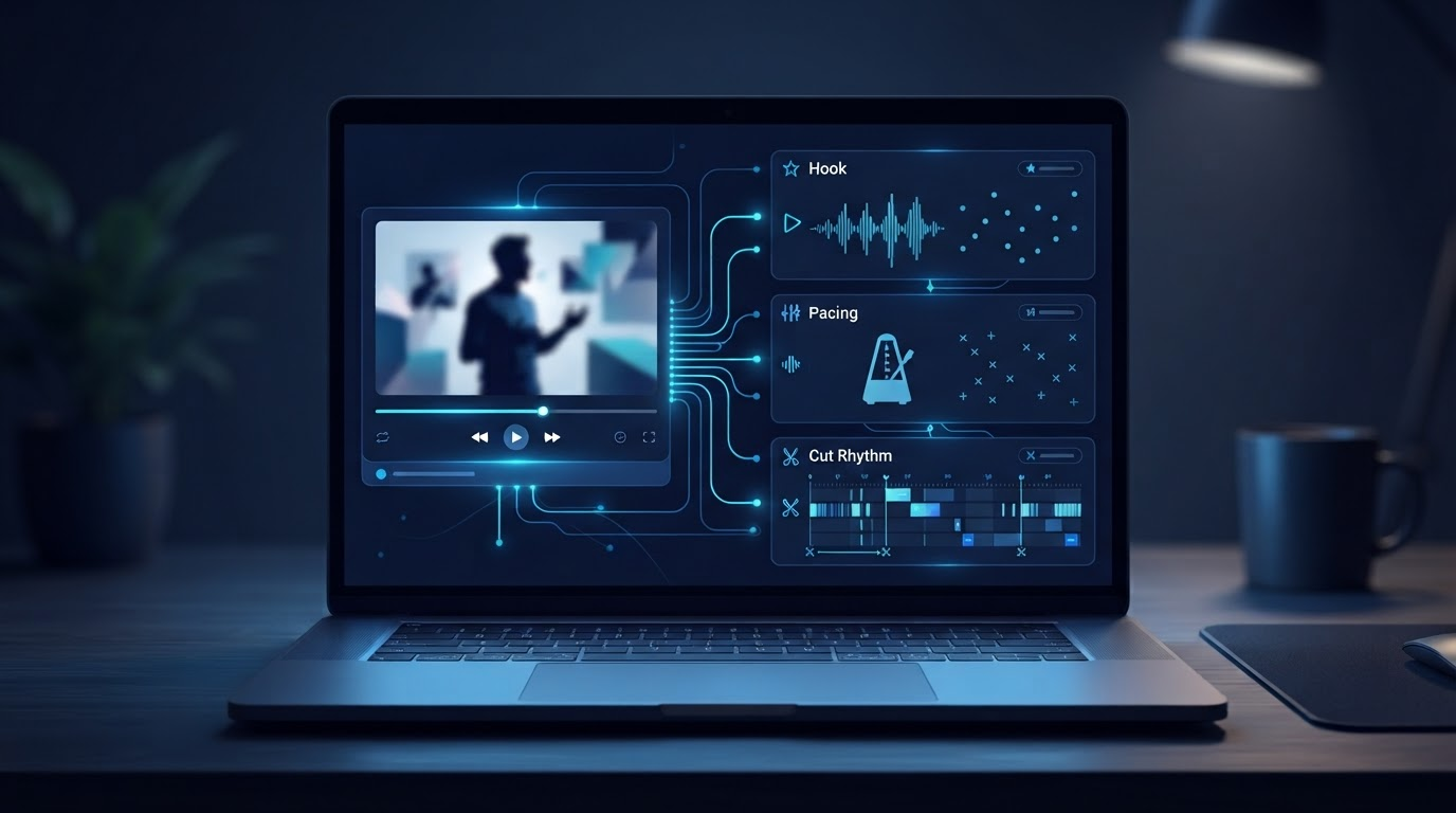 Illustration of an AI video analysis dashboard on a laptop screen, showing a reference video thumbnail connected by glowing lines to a decoded structural breakdown of hook, pacing, and cut rhythm