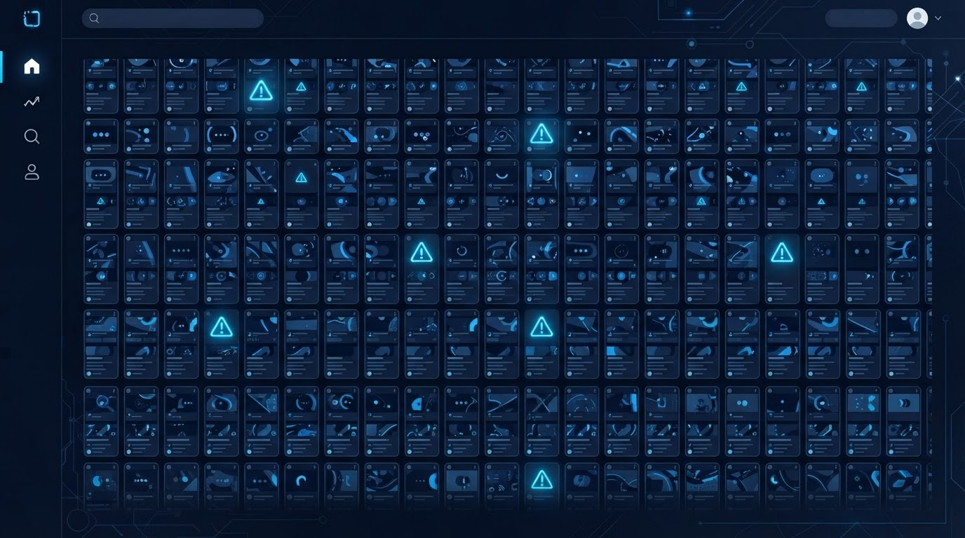 Illustration of a tightly packed grid of nearly identical short-form video thumbnails with glowing warning icons scattered among them, representing an oversaturated, fatigued audience feed