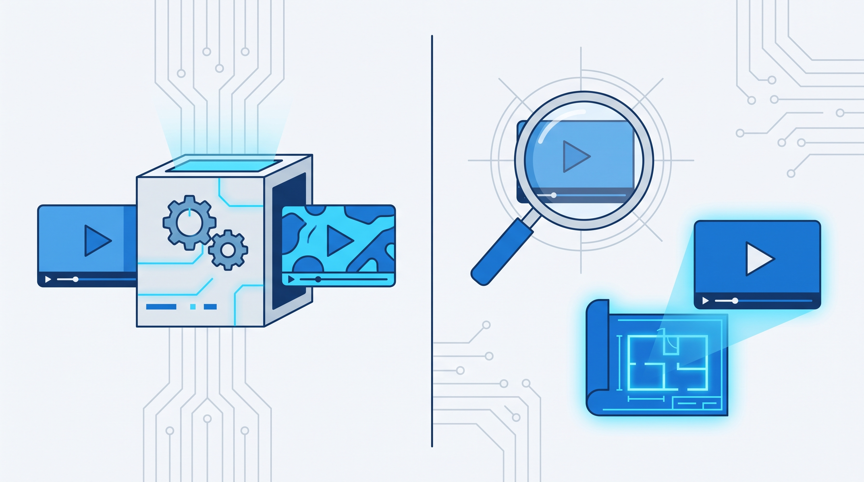 Editorial illustration contrasting two AI video workflows: a video being restyled frame by frame on one side, and a video being analyzed into a blueprint that generates a new video on the other, in a blue and white flat design style