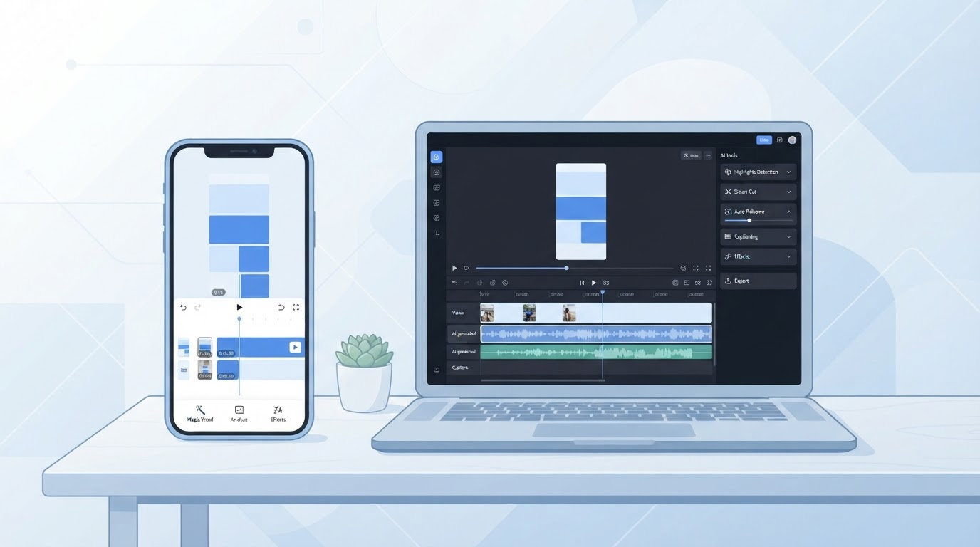 Editorial illustration of a smartphone showing a vertical short-form video timeline next to a laptop with a video analysis interface, in a blue and white flat design style