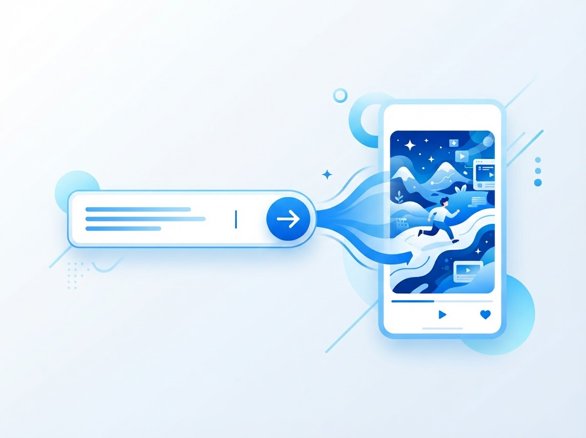 Illustration of a text prompt input box with an arrow transforming into a generated vertical short-form video frame, in a blue and white flat design style