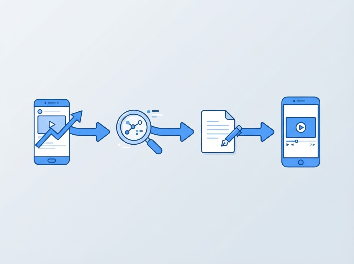 Illustration of an end-to-end AI video pipeline showing a trending video icon flowing into an analysis icon, a script icon, and a finished vertical video icon connected by arrows, in a blue and white flat design style