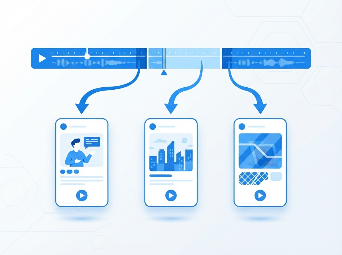 Illustration of one long horizontal video timeline being automatically cut into three short vertical clip thumbnails with arrows showing the extraction process, in a blue and white flat design style