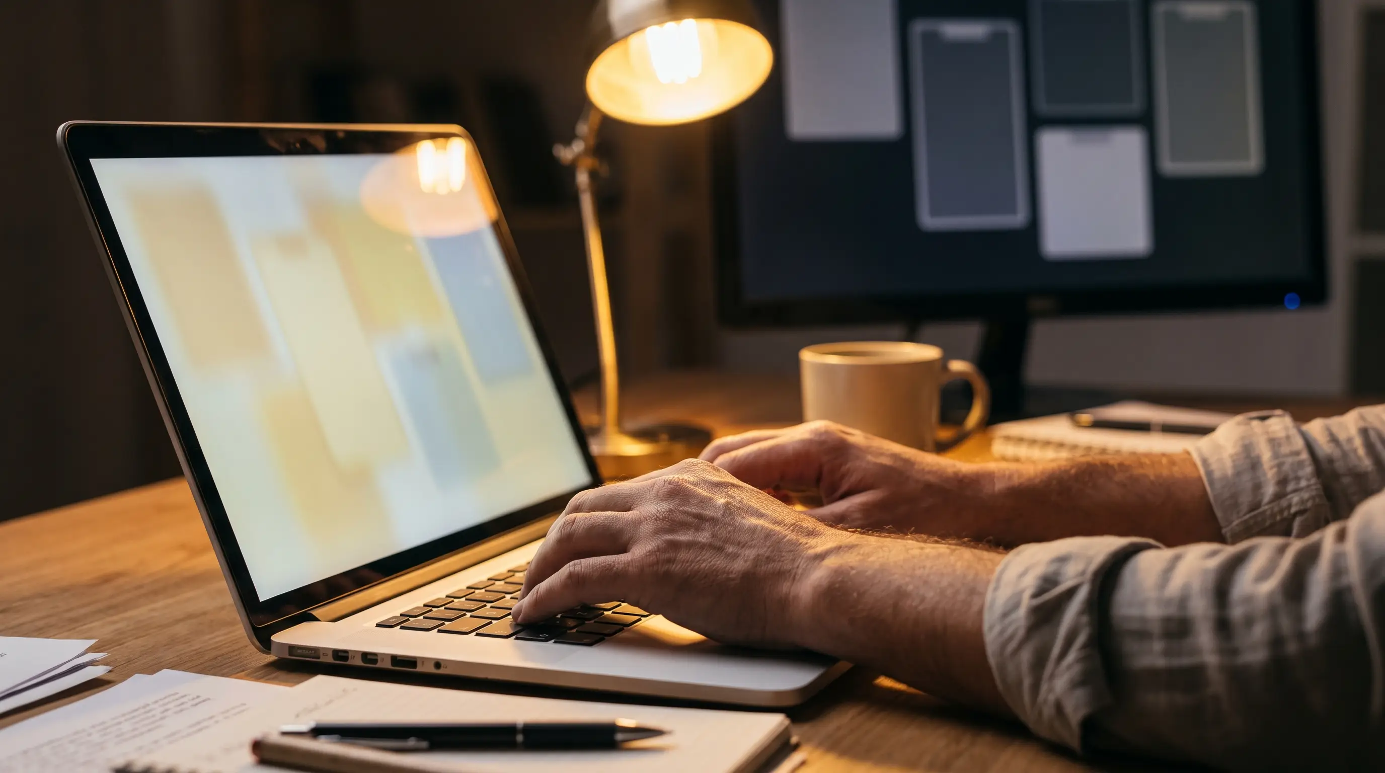Novelist typing on a laptop with a writing app interface and corkboard cards