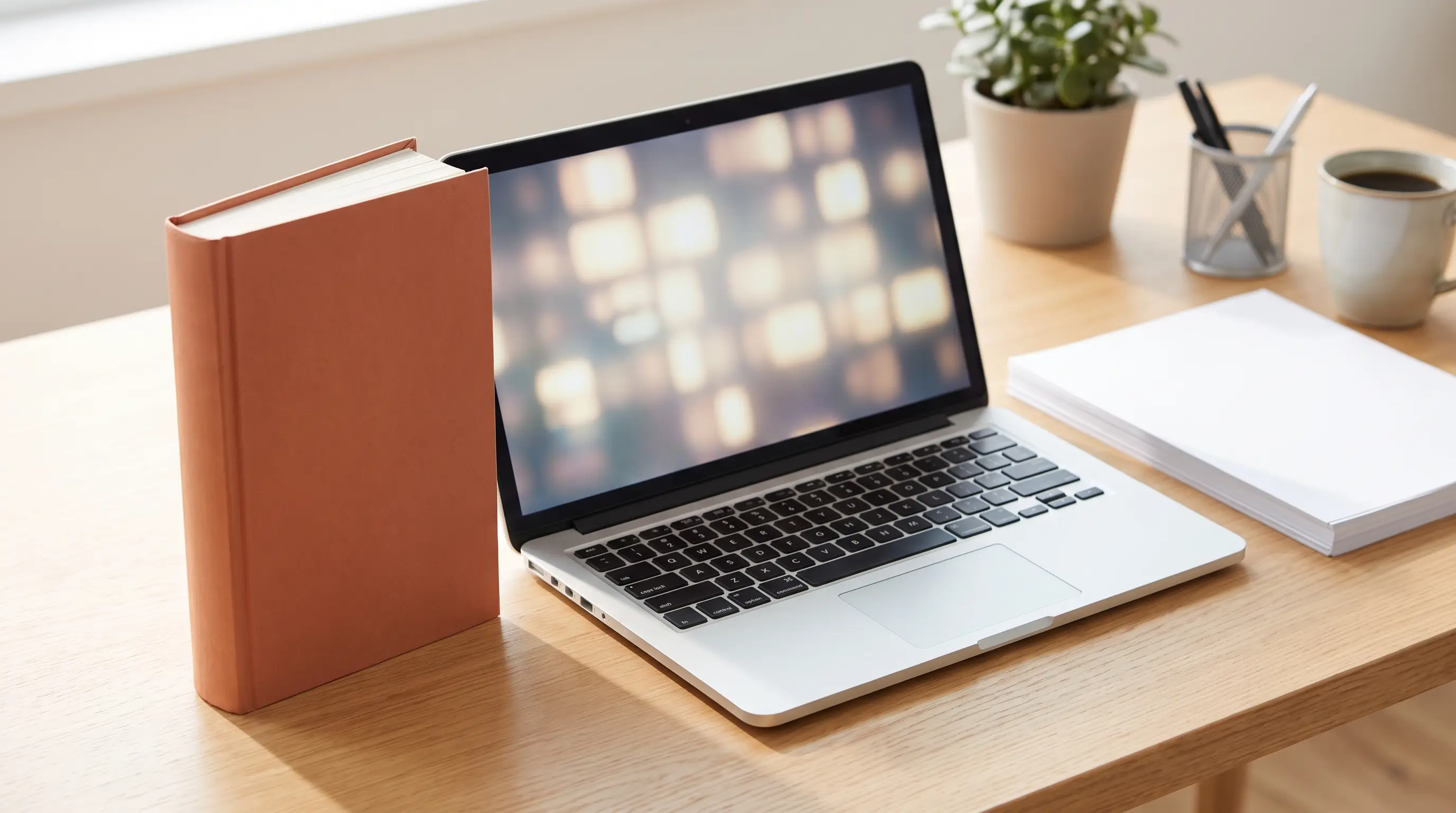 Printed paperback beside a laptop with a page-layout interface