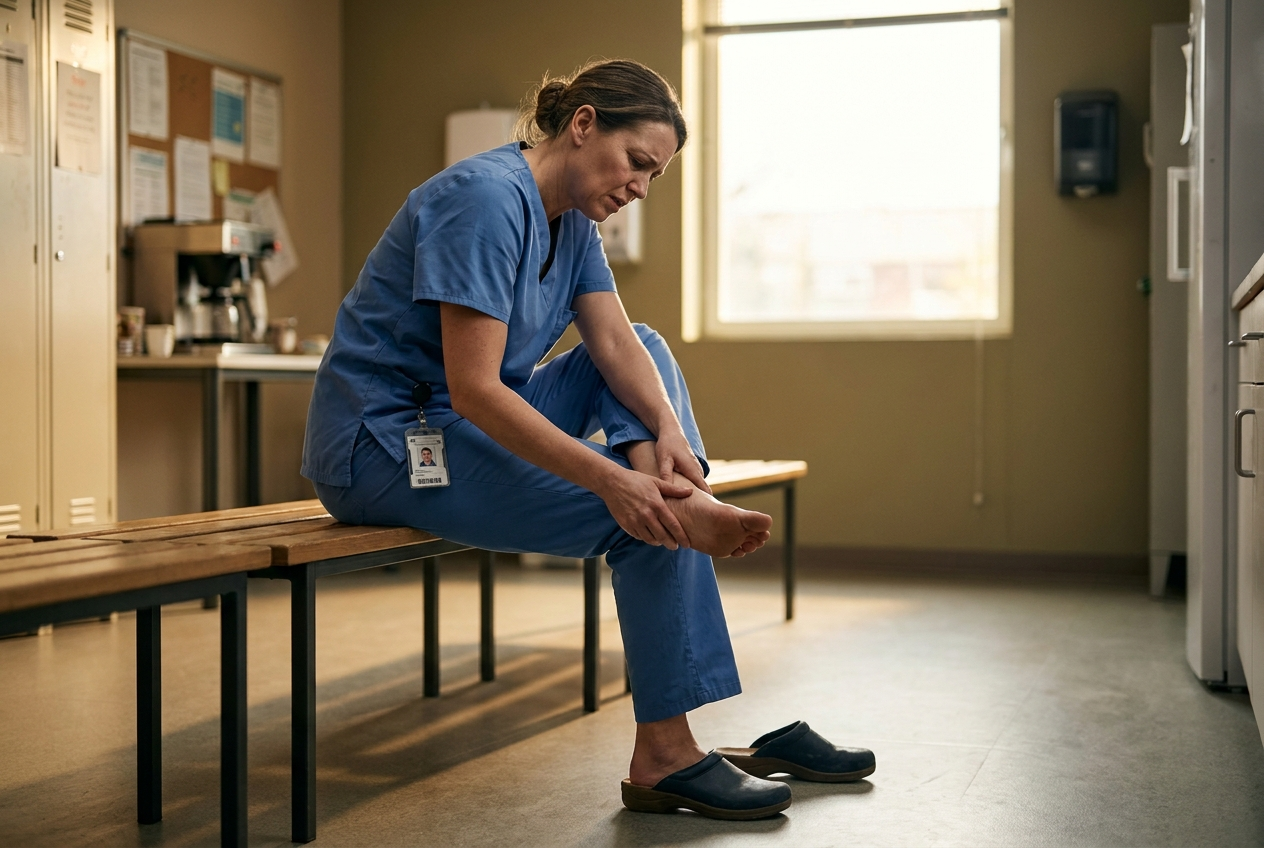 Nurse resting a sore foot after a shift