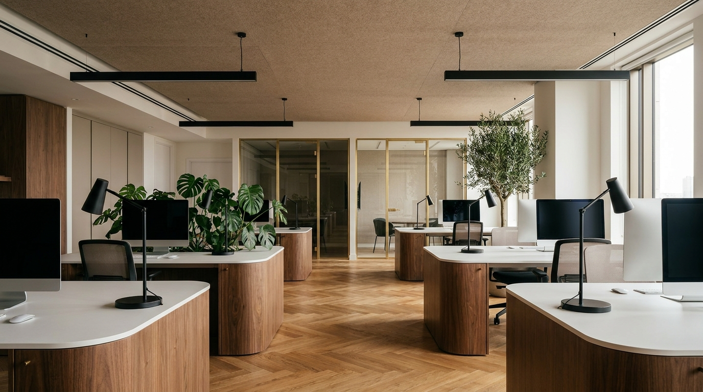 Finished workspace interior — reception detail
