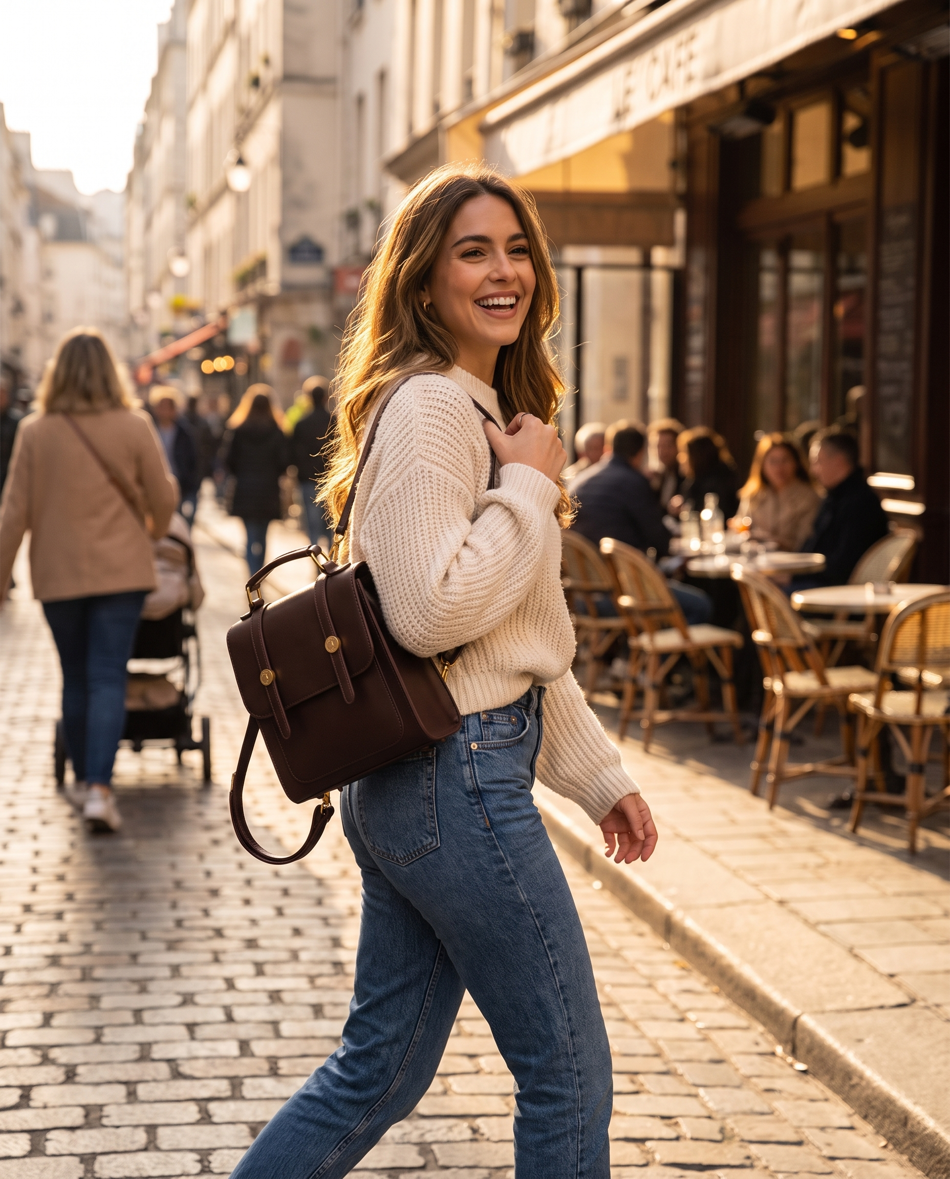 Woman wearing the WellBrio coffee-brown backpack walking down a city street at golden hour