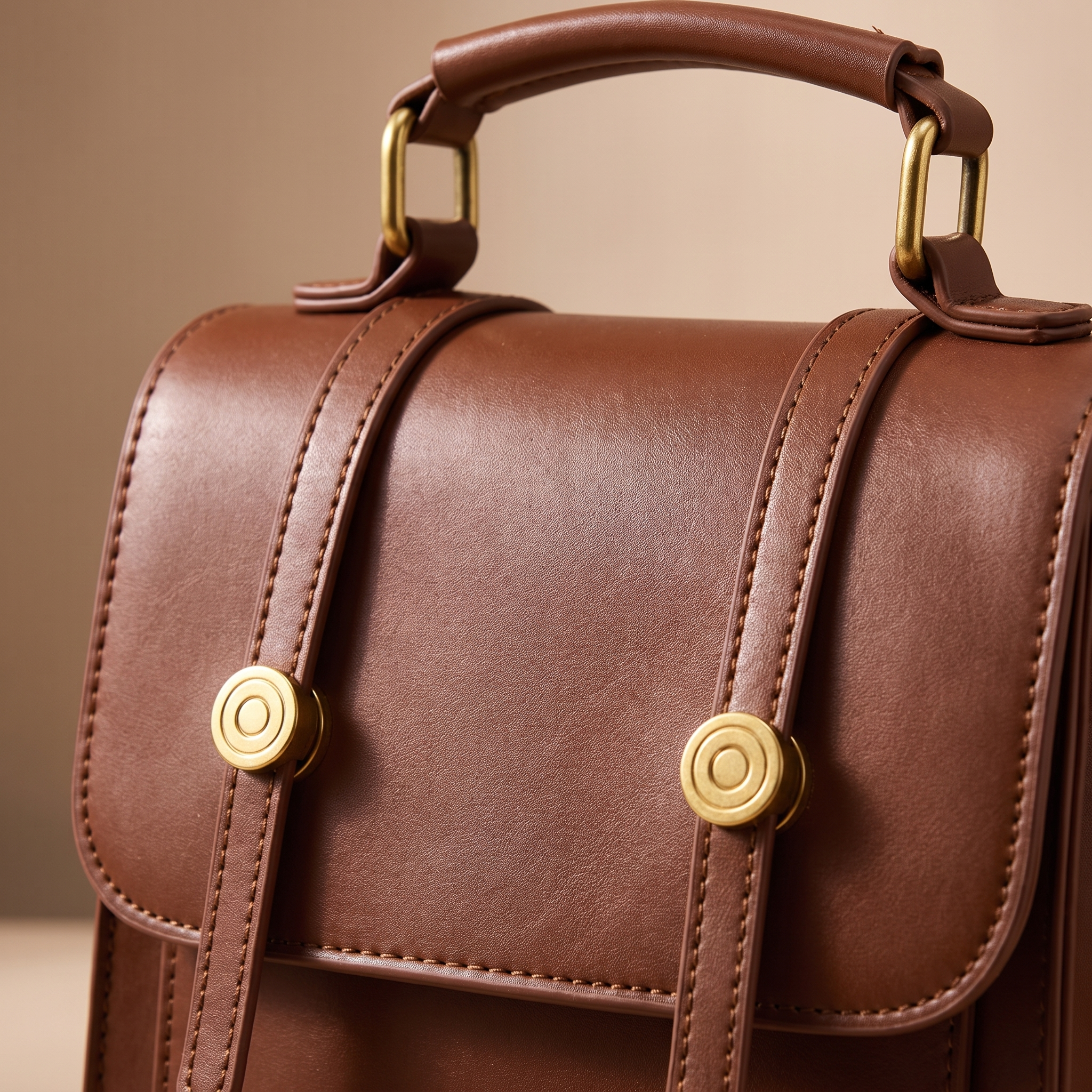 Close-up of the WellBrio backpack's brass buckle hardware and stitching