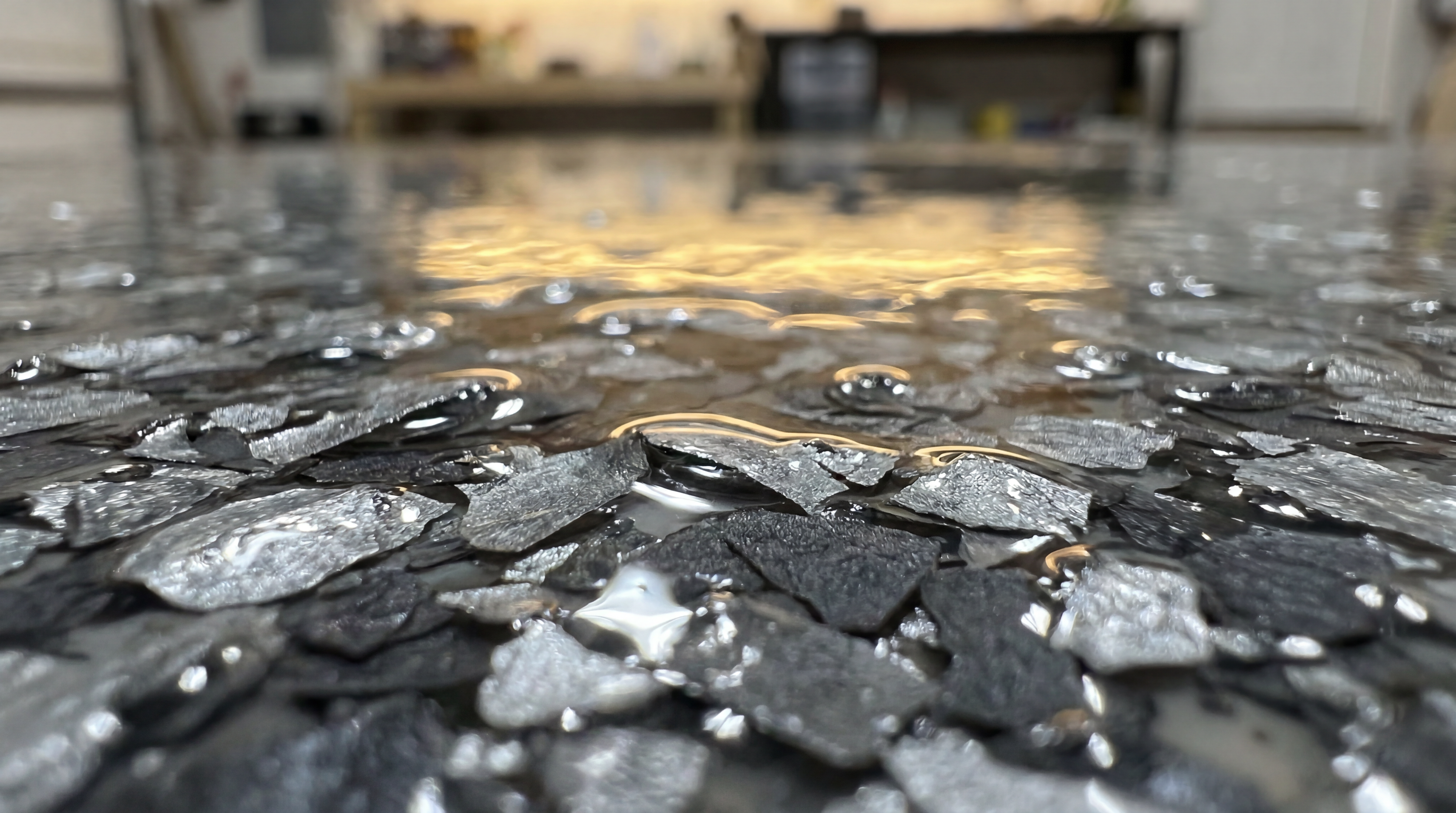 Macro closeup of epoxy floor flake coating texture detail