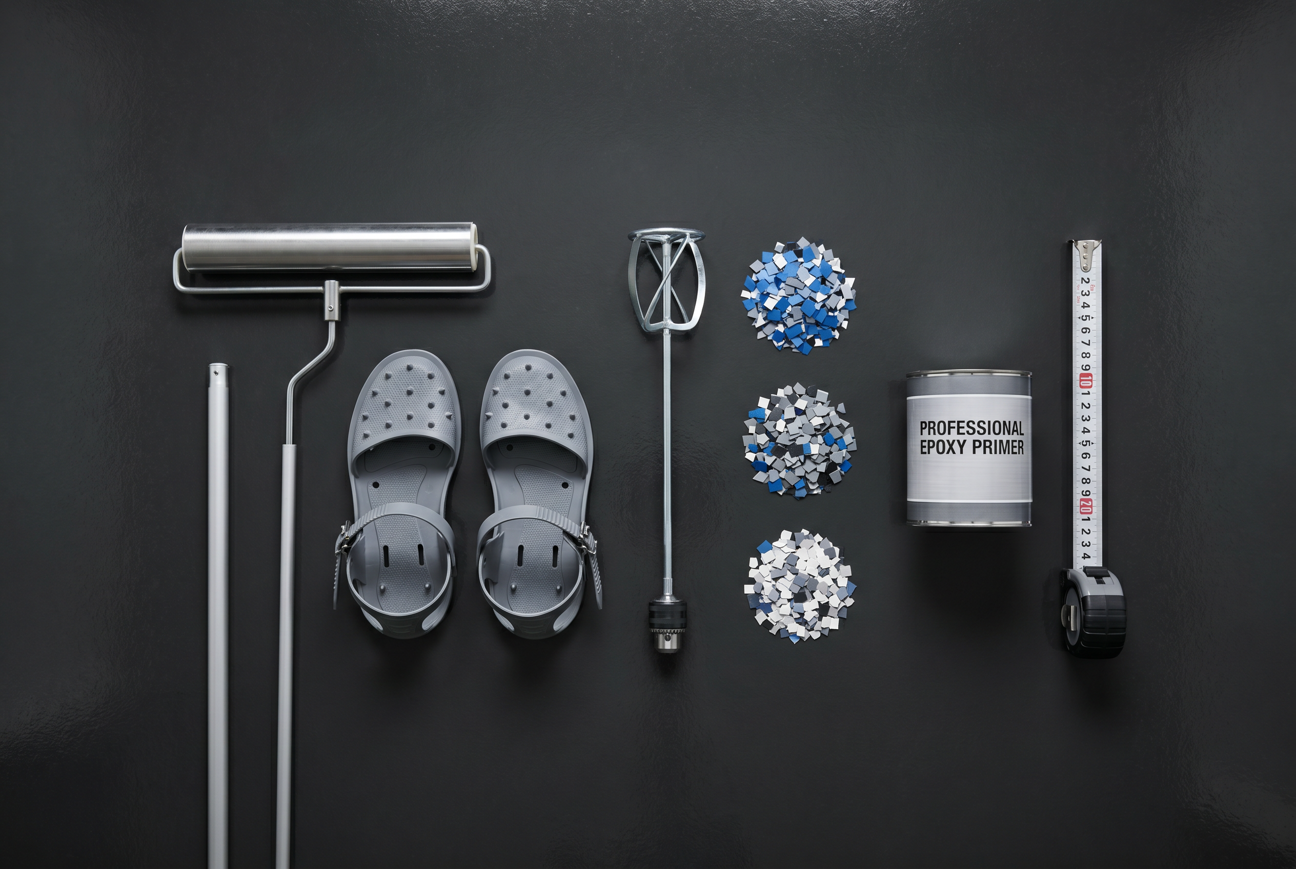 Professional epoxy floor coating tools and materials laid out on concrete surface