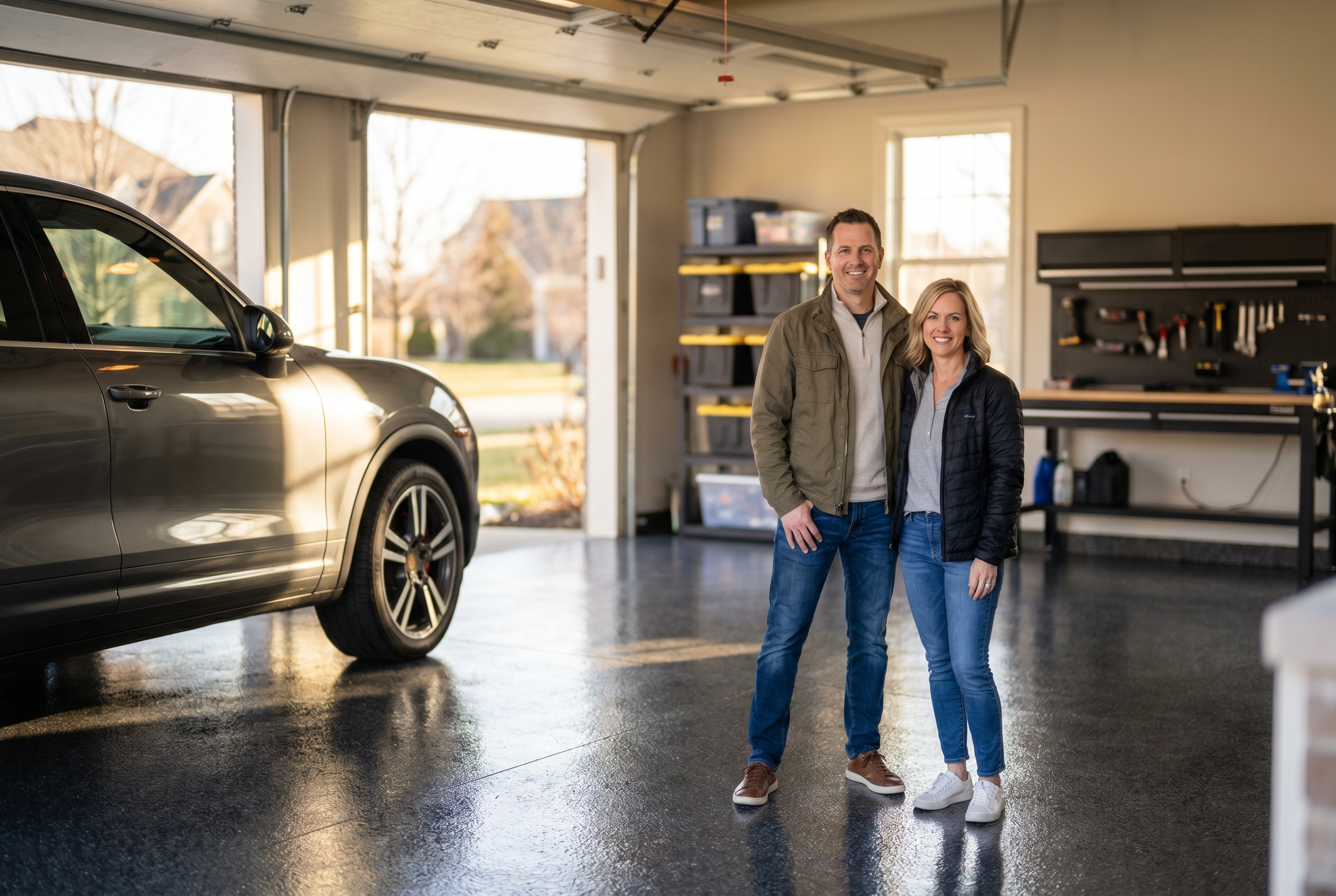 Happy Carmel homeowners standing on their new epoxy garage floor