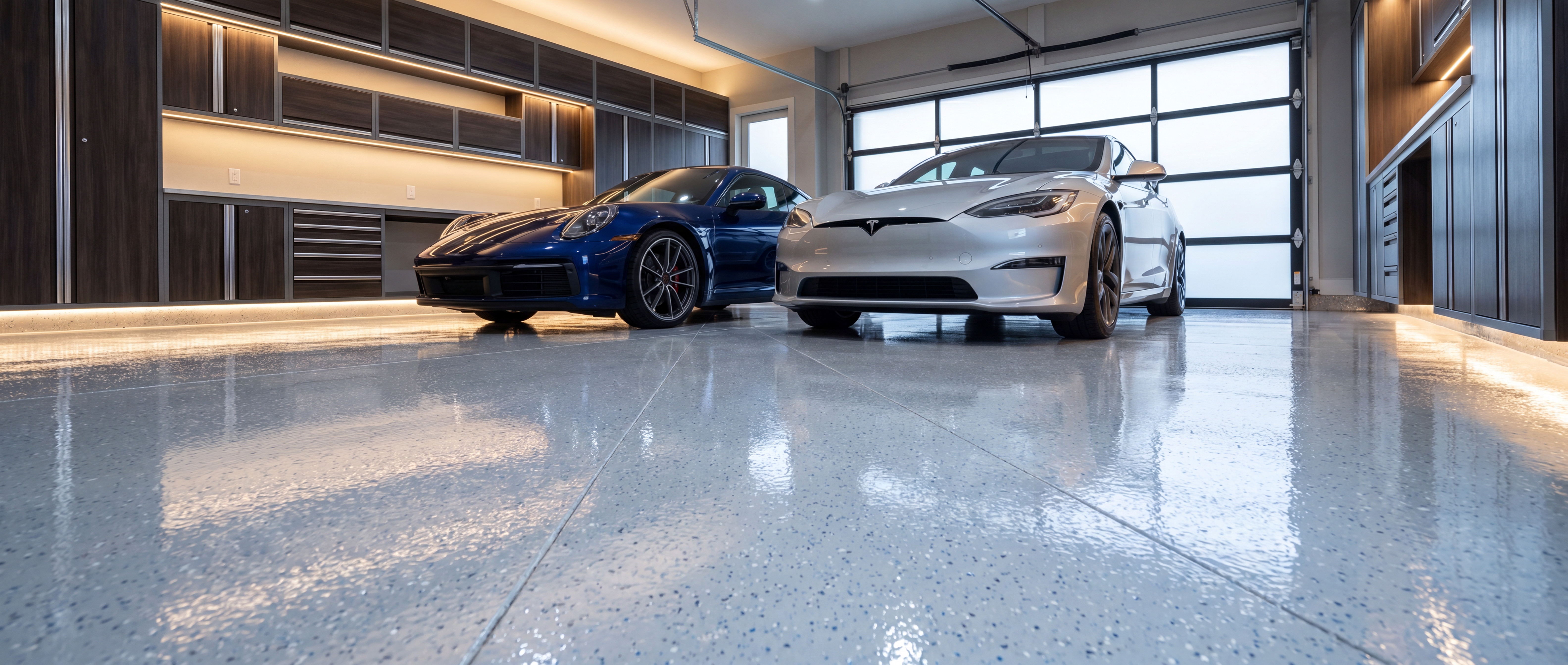Three-car luxury garage with high-gloss polyaspartic floor coating in Indianapolis